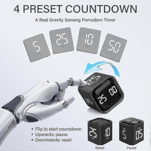 Gravity Sensor Pomodoro Timer Cube with 5/25/10/50-Min Presets & Custom Modes 1
