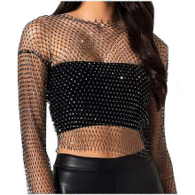 Women's Mesh Body Chain Rhinestone Long Sleeve Crystal See-Through Cover Up Crop Top Fishnet Bikini