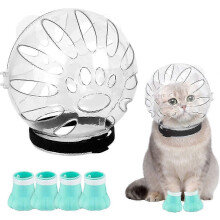 Adjustable Breathable Cat Muzzle Helmet, Anti-Bite Kitten Hood with 4 Silicone Paw Boots, Cat Bubble Helmet