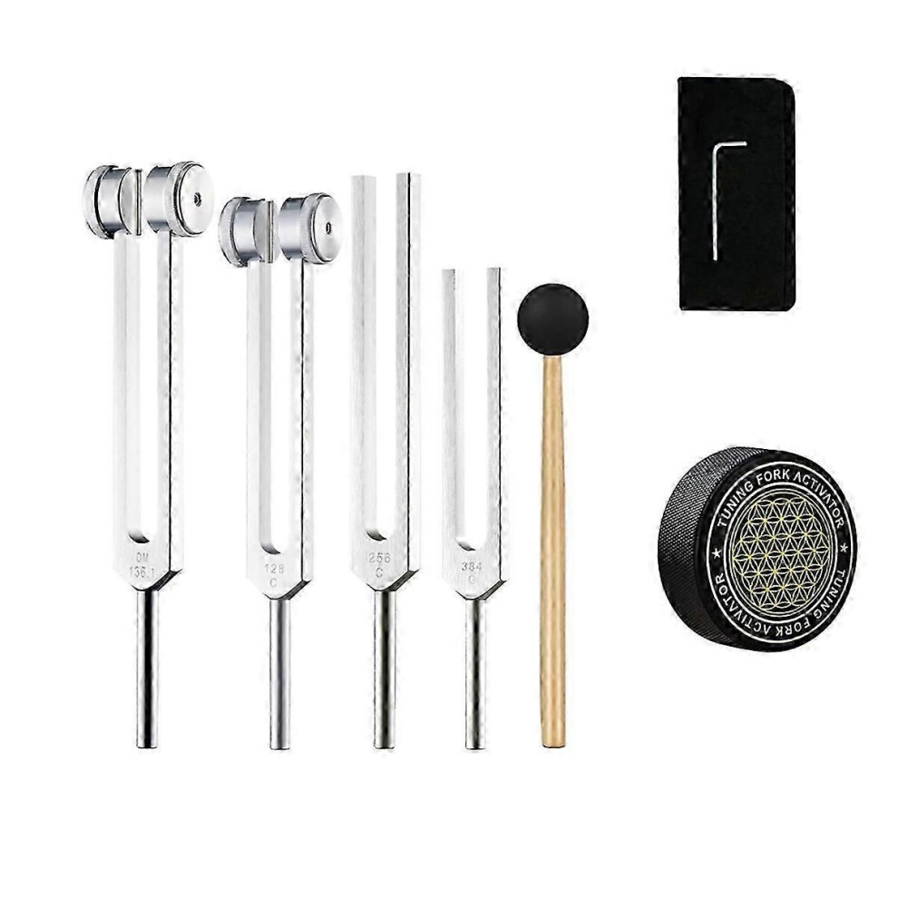 Healing Tuning Forks Set - 128Hz, 136.1Hz, 256Hz, 384Hz with Hockey Puck Activator for Chakra Balancing & Sound Therapy