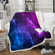 Galaxy Sherpa Blanket for Kids Boys Girls, Outer Space Decor Fleece Throw, Night Time Universe Stars Plush Fuzzy Blanket in Blue Purple