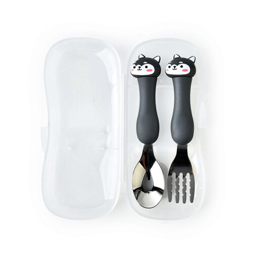 Baby Fork Spoon Plastic Handle Stainless Steel Tableware for Children Feeding Training Dog (Black)
