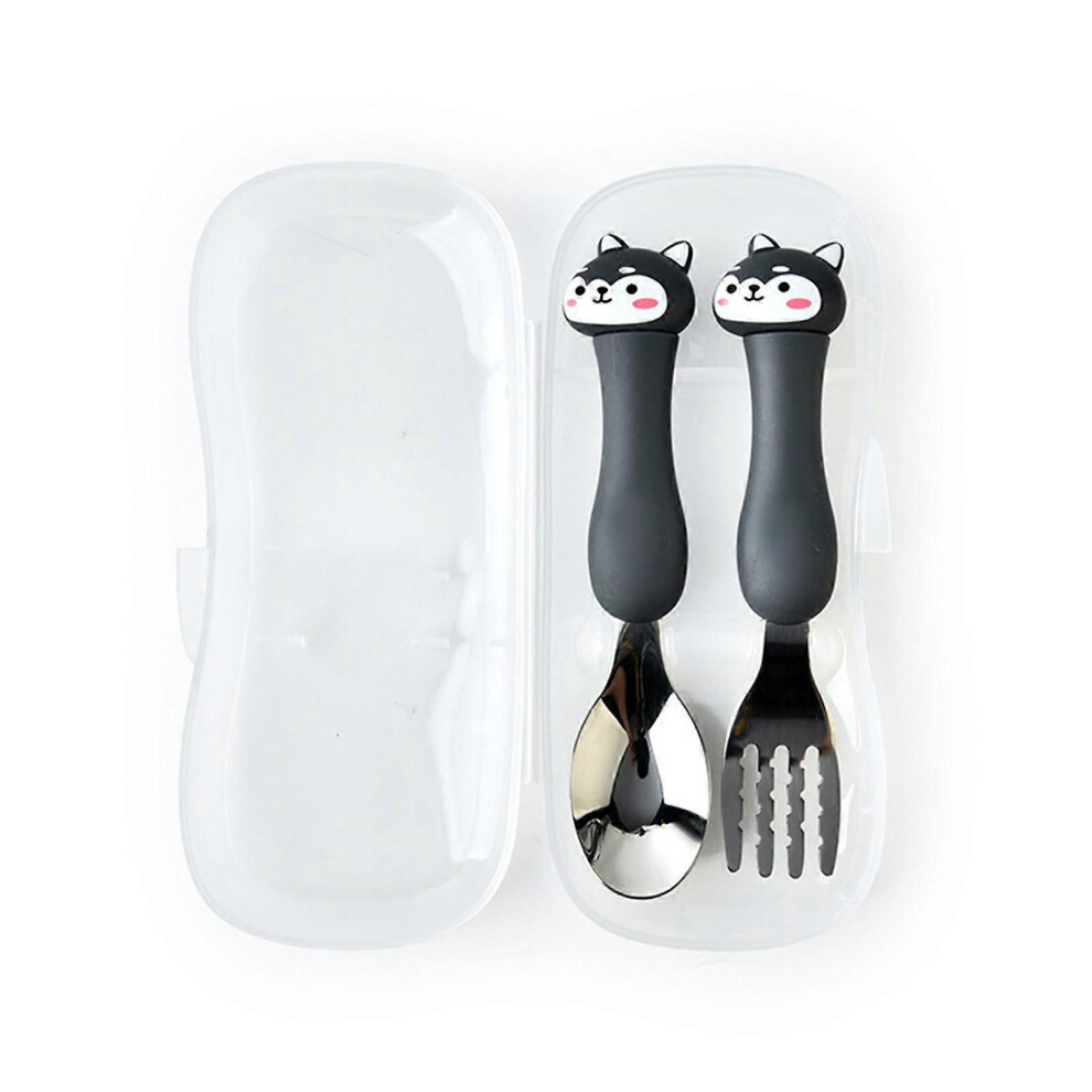 Baby Fork Spoon Plastic Handle Stainless Steel Tableware For Children Feeding Training Dog (Black) Black