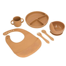 Baby Feeding Set Silicone Suction Divided Plate and Bowl with Spoon Fork Cup Adjustable Bib Set Style 5