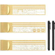 3-teiliges Lineal-Clip-Set aus Messing mit 2 feinen Stiften und 3 Schablonen für Planer und Notizbücher.