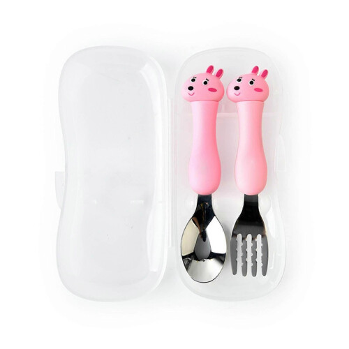 Baby Fork Spoon Plastic Handle Stainless Steel Tableware for Children Feeding Training Rabbit (Pink)