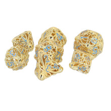 7pcs Metal Dice Set Hollow Golden Brass Polyhedral Exquisite Table Board Games Dice Set for Role Playing Games Blue Number