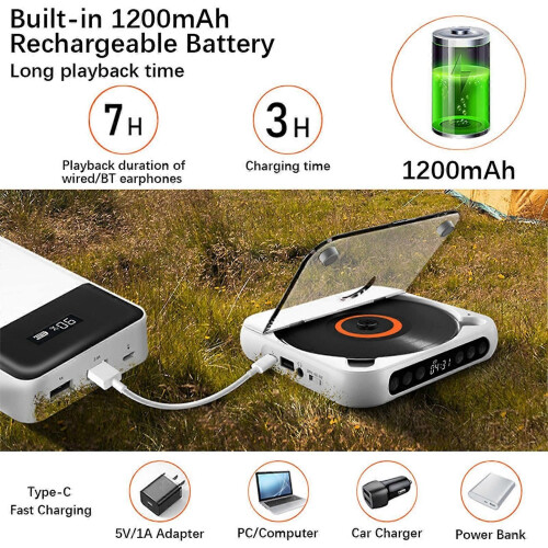 Φορητό CD Player Λευκό BT USB CD Τριών Λειτουργιών Οθόνη LED Επανα 1