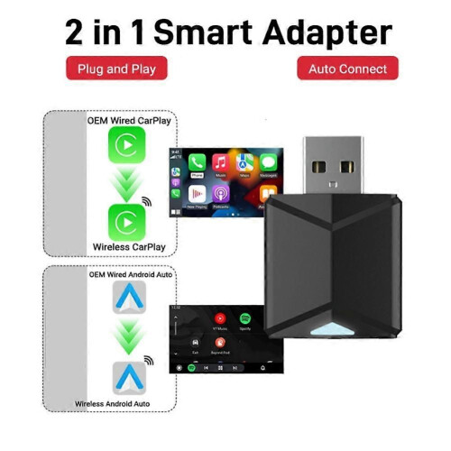 Box wireless per auto Carplay e Android Auto 2 in 1, da cablato a wireless, dongle plug-and-play, mini
