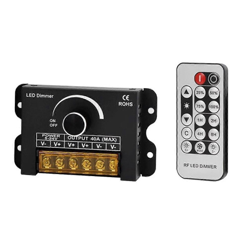 12v LED Dimmer Switch with RF Remote Control &Timer Function, DC 5-24V 40A Aluminum Housing PWM Dim