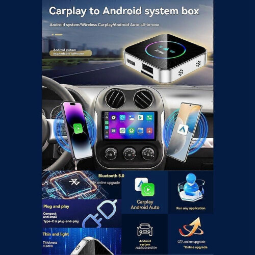 Wireless Carplay to Android AI Box Android 13 Bluetooth WiFi Carplay/Android Auto Support Split-Screen Interaction 2+16G 2