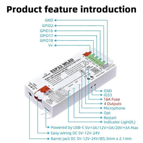DOMRAEM ESP32 Ελεγκτής LED διπλού τροφοδοτικού, 4 καναλιών WLED με 1