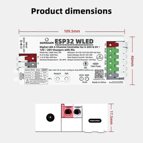 DOMRAEM ESP32 Ελεγκτής LED διπλού τροφοδοτικού, 4 καναλιών WLED με 2