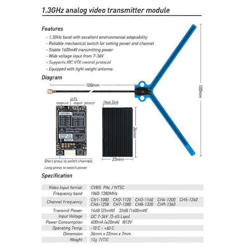 1.2GHz 1.3GHz 1.6W VTX 9 Channel Audio Video FPV Transmitter 1