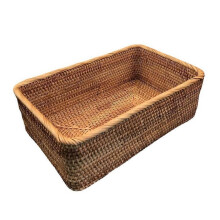 Hand-Woven Rattan Wicker Basket Fruit Tea Snack Bread Basket Cosmetic Rectangular Storage Box Household Kitchen Supplies S