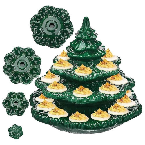 Deviled Egg Christmas Tree, Ceramic Christmas Tree Deviled Egg Platter, Reusable Holiday Deviled Oval Tray with Lid 1