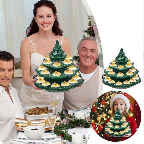 Deviled Egg Christmas Tree, Ceramic Christmas Tree Deviled Egg Platter, Reusable Holiday Deviled Oval Tray with Lid 2