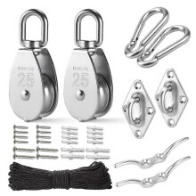 M25 Stainless Steel Pulley System Kit-Heavy-Duty Pulley Wheel, Pulley Block with Nylon Rope 4MM, Hooks, Plate (2 Pack)