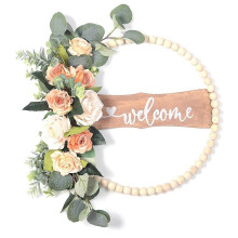 Welcome Sign for Front Door, Wood Beads and Eucalyptus Wreath, Indoor Outdoor All Seasons Floral Wreath