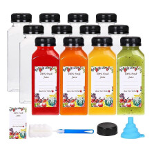 12Pcs Plastic Juice Bottles with Tamper Evident Caps, Reusable Clear Juice Containers with Labels, F