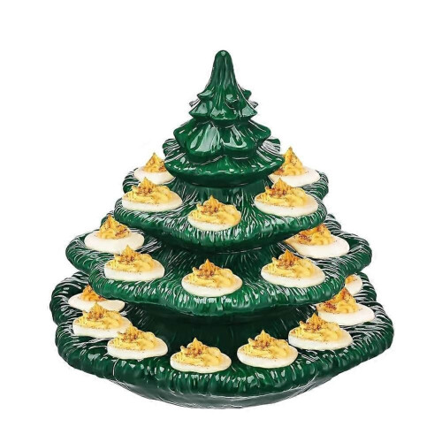 Deviled Egg Christmas Tree, Ceramic Christmas Tree Deviled Egg Platter, Reusable Holiday Deviled Oval Tray with Lid
