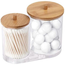 Cotton Swab Pads Holder with Bamboo Lids, Acrylic Qtip Holder Cotton Buds Ball Dispenser Cotton Rou