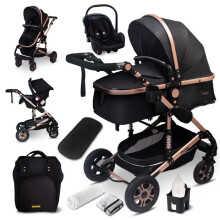 GaGaDumi Florida cochecito 3 en 1 set completo con asiento de auto -- Cochecito combinado - llantas sólidas - Bolsa de pañales Negro / Oro