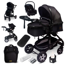 GaGaDumi Florida carrito 3 en 1 set completo con asiento de auto -- Carrito combinado - llantas sólidas - Bolsa de pañales Negro / Negro