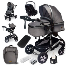 GaGaDumi Florida cochecito 3 en 1 set completo con asiento de auto -- Cochecito combinado - llantas sólidas - Bolsa de pañales Gris / Plateado