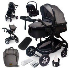 GaGaDumi Florida cochecito 3 en 1 set completo con asiento de auto -- Cochecito combinado - llantas sólidas - Bolsa de pañales Gris / Negro