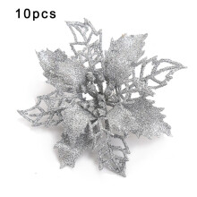 Glitter Poinsettia Tree Decorations 10 pcs Silver