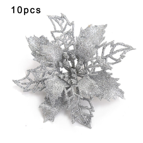 Glitter Poinsettia Tree Decorations 10 pcs Silver