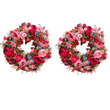 2X Decorative Door Wreath,Silk Flower Peony Flower Wreath 40cm Handmade Garland for Autumn Winter Outdoor Display