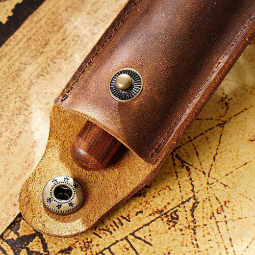 2 Pcs Genuine Leather Pen Pouch Holder Case with Snap Button for Rollerball, Black & Brown 1