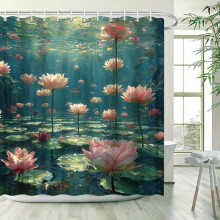 Waterproof Lotus Lake Shower Curtain 60x60in with Hooks, Washable Polyester Bathroom Decor