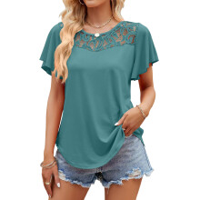 Womens  Casual Cutout Floral Lace Blouses Short Sleeve T-Blue S