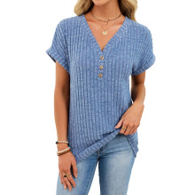 Women's short-sleeved shirts, V-neck, ribbed-colorful blue XL