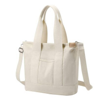 Multi-Pocket Tote Bag with Zipper, Canvas Japanese Handmade Handbag with Compartments, Multifunction White