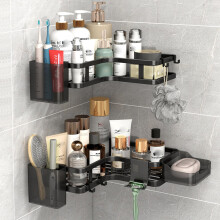 Black Corner Shower Caddy No Drilling Wall Mounted Bathroom Shelf Organizer with Hooks and Soap Holder