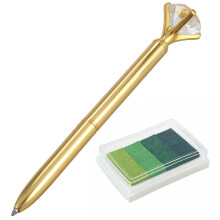 Multi Gradient Green 4 x Colors Ink Stamp Pad Oil Based & Kawaii Ballpoint Pen Alloy Pen with Large Diamond