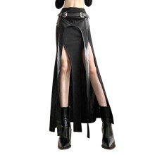 Ruched High Waist Bodycon Skirt With Edgy Leather Inserts-M