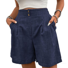 Womens Shorts Casual Elastic High Waist Zipper Button-Blue S