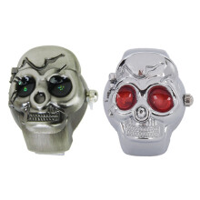 Red Eyes Skull Design Stretchy Band Quartz Ring Watch for Lady Men & Bronze Flip- Skull Cover Finger Ring Watch