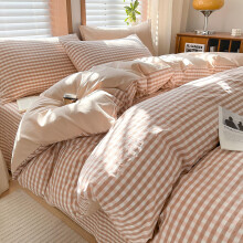 Pink Gingham Cotton Duvet Cover Set Full Size Soft Breathable Washed Fabric with Zipper Closure