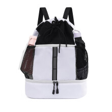 Waterproof Gym Drawstring Backpack with Shoe and Wet Dry Compartments, White Sports Sack for Training