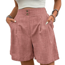 Womens Shorts Casual Elastic High Waist Zipper Button-Pink XL