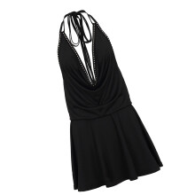 Women Stylish Halter Neck Backless V Neck Swing Dress With-M