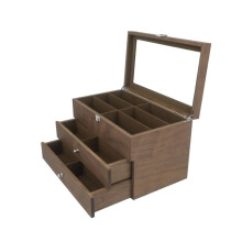 18 Grids Sunglasses Organizer Box, 3 Layer Wooden Glasses Storage Case with Neutral Silver Finish and Dustproof Lid