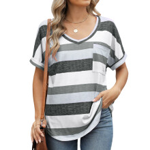 Women's rolled-up short-sleeved V-neck shirt, casual-Gray XL