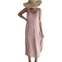 Stylish Sleeveless U Neck Dress Soft Cotton Fabric Dress-Pink L
